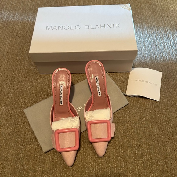 Manolo Blahnik Maysale 70 linen mules light pink size 37 - Picture 2 of 8